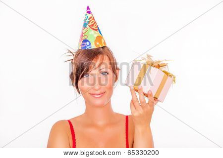partytime female holding gift with hat