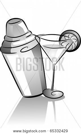 Icon Illustration Featuring a Cocktail Shaker and a Cocktail Glass Drawn in Black and White