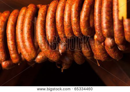 Traditional Food. Smoked Sausuages In Smokehouse.