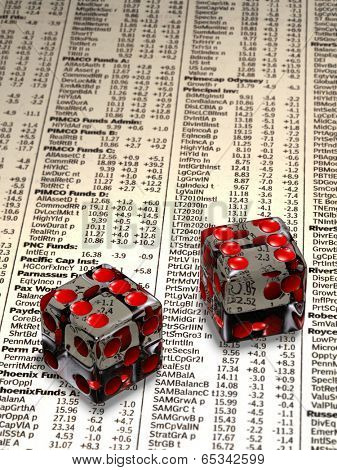 Two crystal dice over stock market quotes - shallow depth of field with focus on the dice