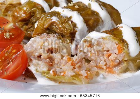Cabbage Rolls Stuffed With Rice And Meat With Sour Cream