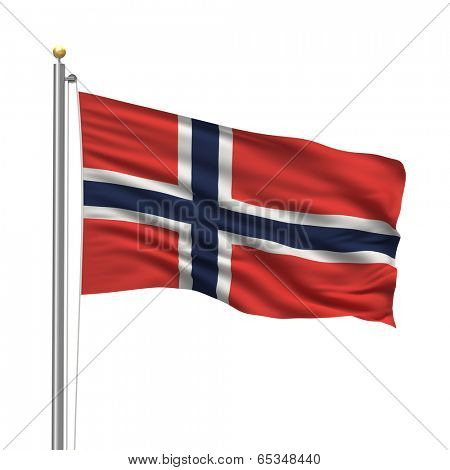 Flag of Norway with flag pole waving in the wind over white background