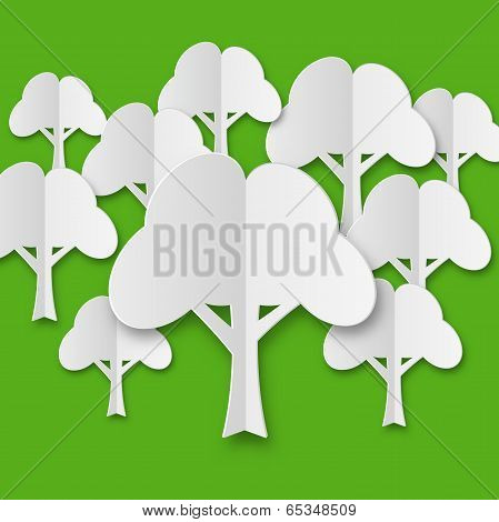 Composition of stylized white paper trees