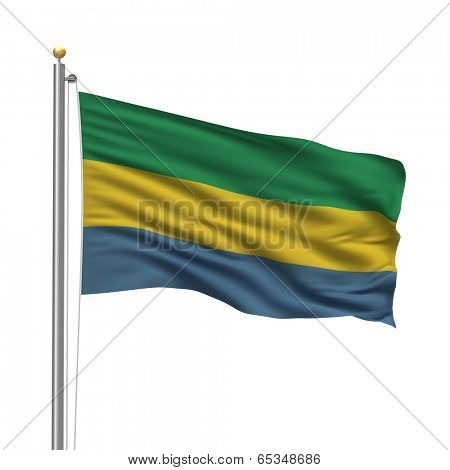 Flag of Gabon with flag pole waving in the wind over white background