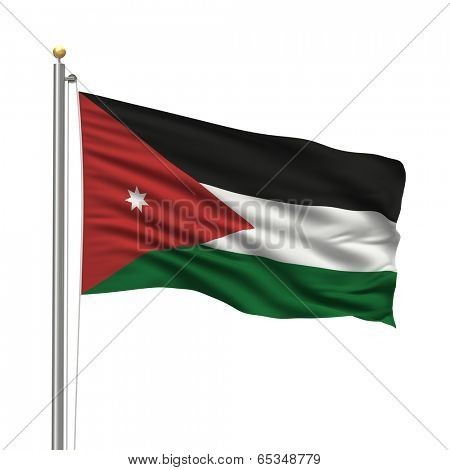 Flag of Jordan with flag pole waving in the wind over white background