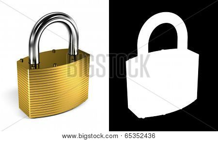 Close up on locked padlock over white background with alpha mask for perfect isolation