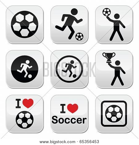 I love football or soccer, man kicking ball vector buttons set