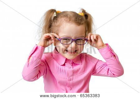 Funny happy girl in glasses isolated on white