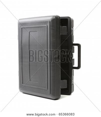 Opened gray plastic case.
