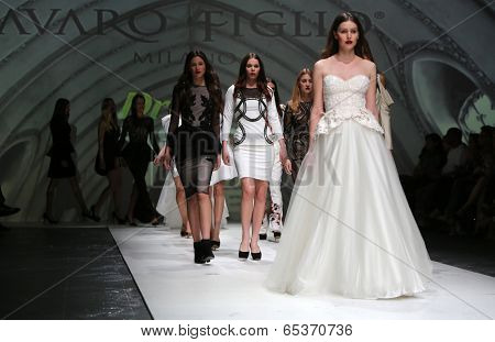 ZAGREB, CROATIA - MAY 09: Fashion model wearing clothes designed by Avaro Figlio on the Zagreb Fashion Week on May 09, 2014 in Zagreb, Croatia.