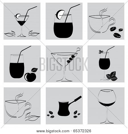 Set Of Drinks In Glasses. Vector
