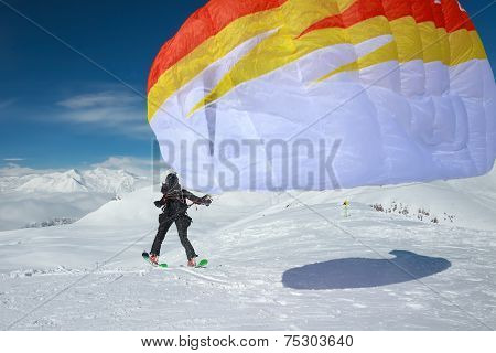 Paraglider In Winter Mountains Of Georgia