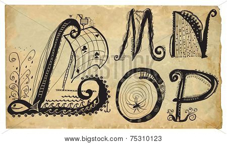 Curly Playful Alphabet - Hand Drawn Vector - Part: L-p