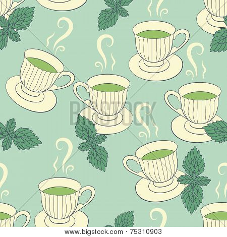 Seamless Pattern With Hand Drawing Cups And Mint