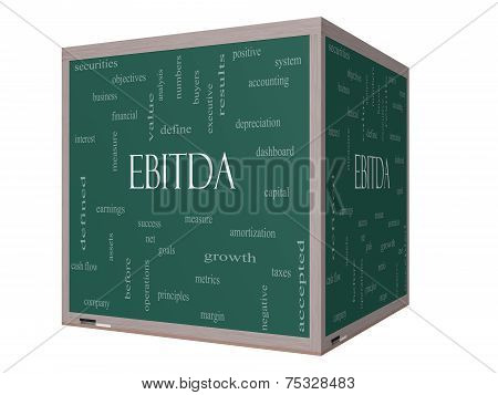 Ebitda Word Cloud Concept On A 3D Cube Blackboard