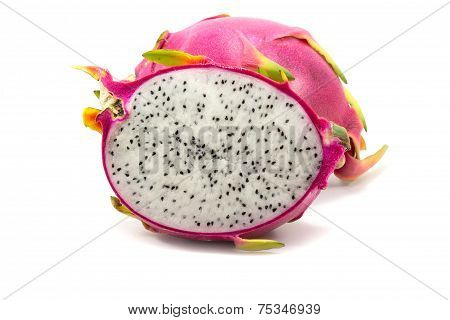Dragon Fruit Or Pitaya With Half Isolated On White Background