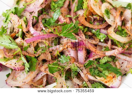 Turkish onion relish, sogan piyazi, made with red onions, parsley, sumac and red pepper powder.