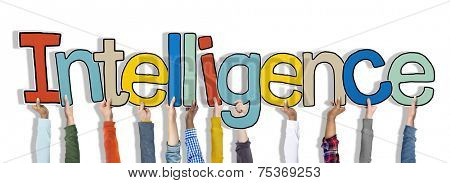 Group of Hands Holding Intelligence Word Concept