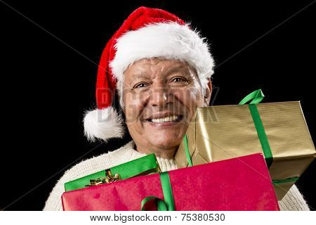 Jolly Old Man With Santa Cap And Three Xmas Gifts