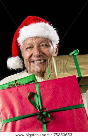 Aged Gentleman Peering Across Three Wrapped Gifts