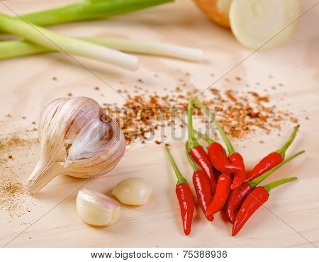 Red hot chilli peppers with garlic and scallion