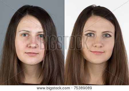 Photo of young woman before and after make up