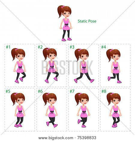 Animation of girl walking. Eight walking frames + 1 static pose. Vector cartoon isolated character/frames.