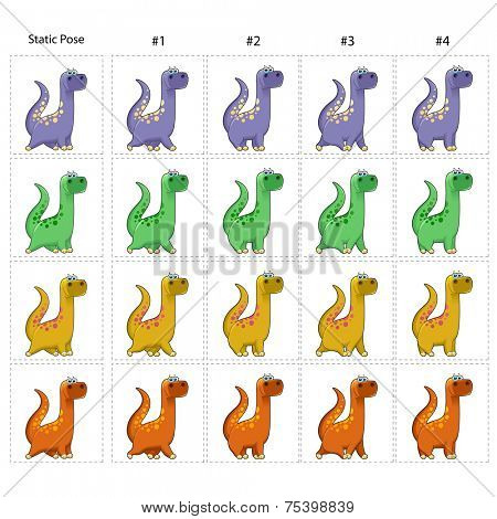 Animation of four funny dinosaurs walking. Four walking frames + 1 static pose. Vector cartoon isolated character/frames.