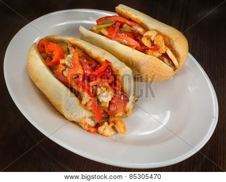 Chicken and Red Pepper Hero, Cut in Half on a White Plate