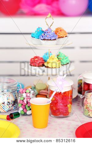 Prepared birthday table with sweets for children party