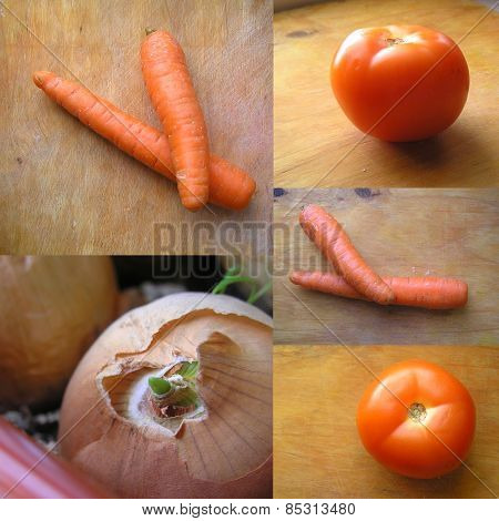 Vegetables. Carrot, Tomato, Onion.collage.
