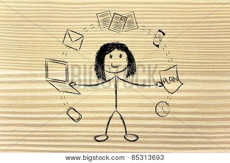 Business Woman Juggling With Office Objects, Concept Of Productivity