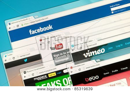 Social Networks On A Computer Screen. Facebook, Twitter, Youtube, Vimeo, Bebo And Myspace.