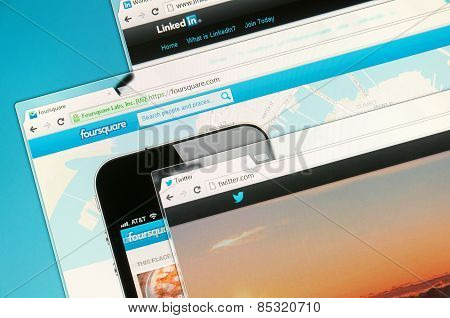 Social Networks On A Computer Screen. Foursquare, Twitter  And Linkedin.