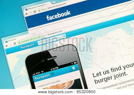 Social Networks On A Computer Screen. Facebook And Foursquare.