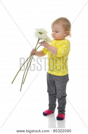Happy Infant Child Baby Toddler Standing With Flowers Isolated