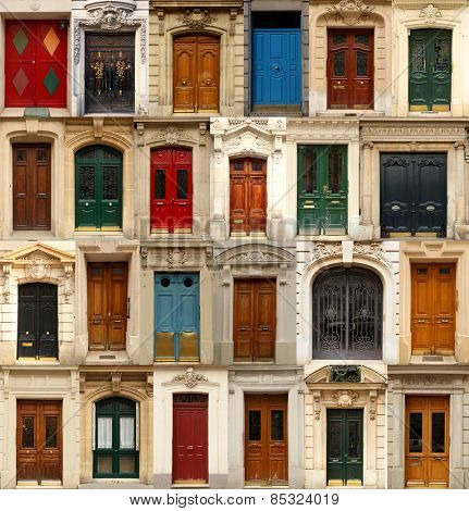 Collage of old and colorful doors from Paris, France.