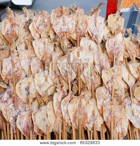 Roasted Squid Selling In The Street Of Bangkok