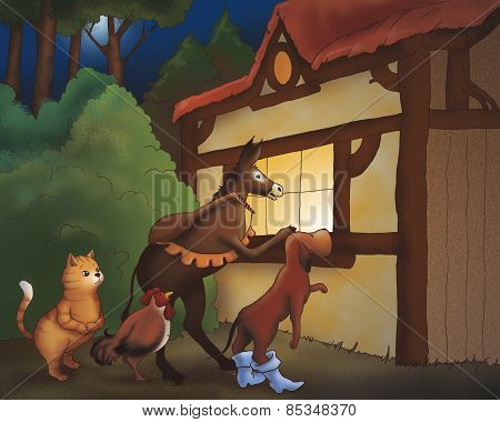 Donkey, dog, roster and cat