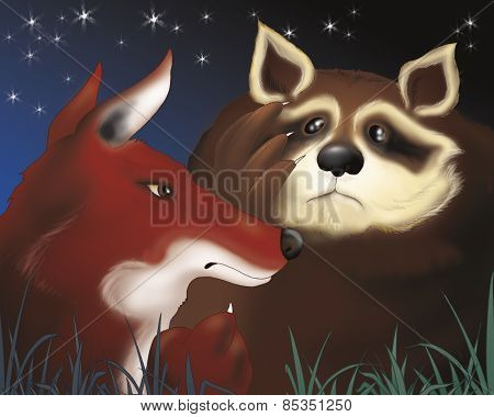 Fox and scared raccoon by night