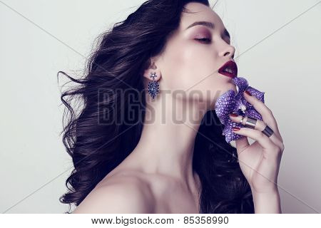 Beautiful Sensual Woman With Dark Hair And Bright Makeup With Bijou