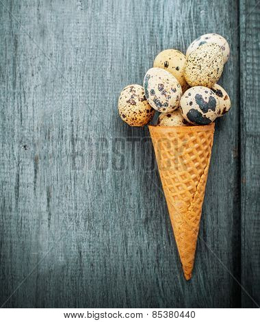 Cones are decorated for Easter quail eggs and candy colored jelly beans