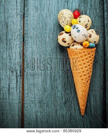 Cones are decorated for Easter quail eggs and candy colored jelly beans