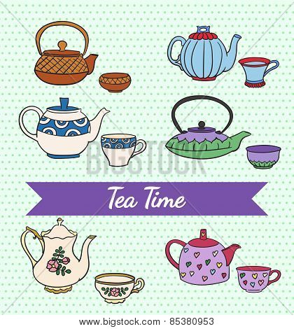 Vector set of cute colorful freehand teapots and cups
