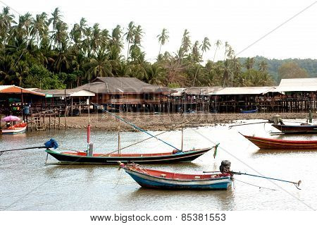 Traditional Fisherman Long Tailed Boat In Koh Phitak Island, Thailand.