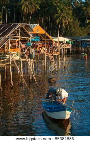Traditional Fisherman Long Tailed Boat In Koh Phitak Island, Thailand.