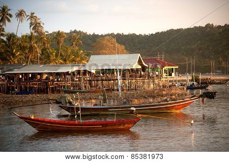 Traditional Fisherman Long Tailed Boat In Koh Phitak Island, Thailand.