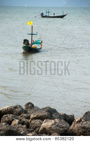 Traditional Fisherman Long Tailed Boat In Koh Phitak Island, Thailand.