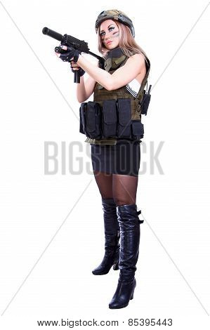 Woman In A Military Camouflage Holding The Smg