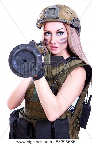 Woman In A Military Camouflage With A Bazooka